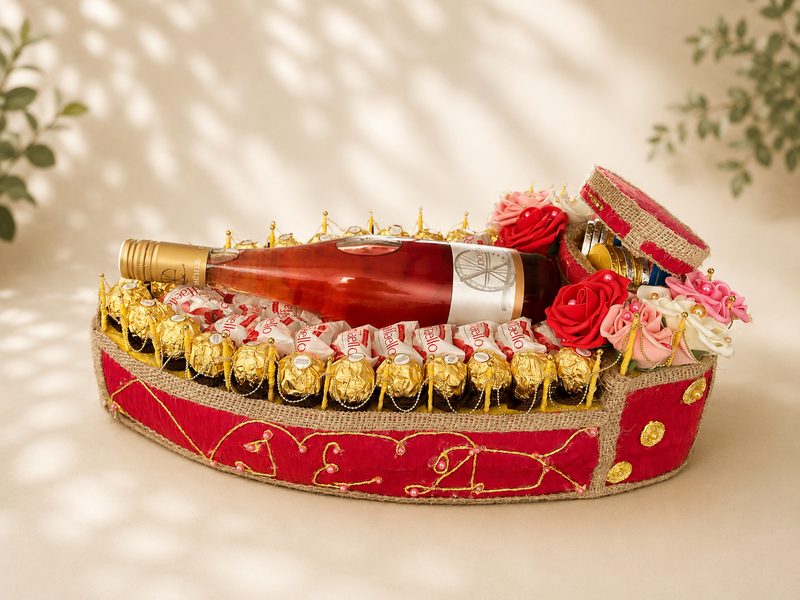Geschenkschiff aus Jute und rotem Stoff mit Roséwein, Ferrero Rocher an goldenen Ketten, Raffaello und Seifenrosen in Rot und Rosé